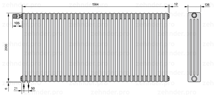 Схема (чертеж) Радиатор Zehnder Charleston 4200/34 №V001 Белый глянцевый RAL 9016